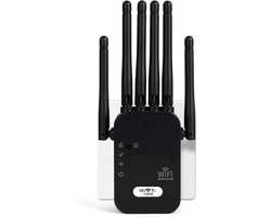 WiFi-repeater 1200 Mbps met 6 high-gain antennes – zwarte WiFi-extender/booster met ondersteuning voor repeater- en AP-modus, inclusief ingebouwde Ethernet-poort voor naadloze verbinding van alle WiFi-apparaten.