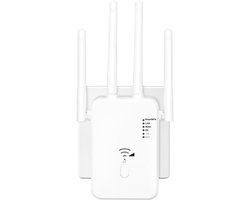 WiFi-repeater - WiFi-versterker - 1200 Mbit/s - WiFi-bereikverlenger - Dual-band - Met 4 externe antennes - Met LAN/WAN-poorten - Geschikt voor badkamers, garages en kelders - Wit