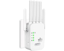 Wifi-versterker voor thuis – 2,4 GHz 300 Mbps draadloze repeater, 6 antennes, bereik van 9.800 sq. ft. (ca. 900 m²), EasyMesh-compatibel, geschikt voor BT/Sky/Virgin/TalkTalk, EU-stekker, ethernetpoort – Wit