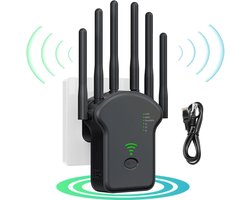 WiFi Versterker-wifi versterker stopcontact-1200 Mbps -wifi versterkers-WiFi-extender met 6 antennes voor een bredere dekking-Eenvoudig in te stellen WiFi-repeater-Inclusief 90cm ethernetkabel-zwart