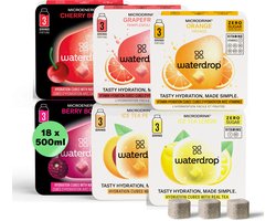 waterdrop® Microdrink Proefpakket – 18 Bruistabletten ipv Siroop – 6 Smaken – Suikervrije Frisdrank – Vegan – Voor meer dan 10 Liter Calorievrij Drinken - CHERRY BOOST & BERRY BOOST met 90 mg cafeïne