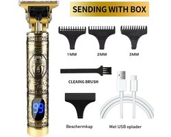 Draadloze Haartrimmer - Buddha Goud met LCD - Nieuwste Model - Tondeuse Mannen - Geschikt voor Hoofdhaar/Baardhaar/Lichaamshaar - Trimmer - Draadloos Scheerapparaat - Compleet met 4 Opzetstukjes, oplader en onderhoudsmaterialen
