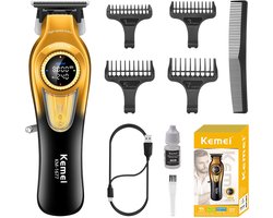 KEMEI 1677 Baardtrimmer voor heren, professionele tondeuse, draadloze kappersschaar met led-display, DLC T-Blade tondeuse, 8000 RPM turboborstelloze motor
