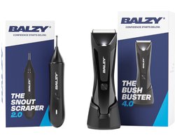 BALZY® Trimmer Bundel – BushBuster® 4.0 Bodygroomer Mannen + SnoutScraper® 2.0 Neustrimmer – SafeShave™ Technologie – USB-C Oplaadbaar – Voordeelset voor Gezicht, Lichaam & Gevoelige Zones