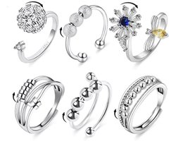 Anti-angst fidgetring voor vrouwen - 6 stuks open verstelbare fidgetringen - Anti-angst spinnerring - Bloemkralenringen - Leuke ontspanningsartikelen cadeau