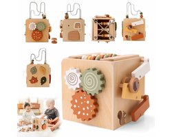 Montessori Motoriek Kubus - Houten Speelgoed Baby Activiteitenkubus - Multifunctioneel 5-in-1 Montessori Speelgoed - Houtkleurige Activiteitenkubus
