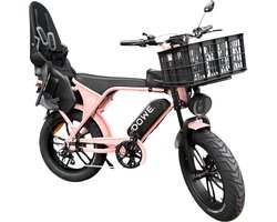 Dowe Elektrische Fatbike met Kinderzitje + Krat – Dowe Roze family fatbike - 250W - 25 km/h - Elektrische fiets met kinderzitje