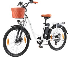 26-inch Elektrische Fiets - 250W Motor - 36V14.5Ah Accu - 26x1.75" Banden - Instap Frame - LED Display - Max Snelheid 25km/u - 75 km Bereik - Shimano 6 Versnellingen - Stadsfiets voor Dames en Heren - Wit