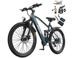 Aairsk 24" Elektrische Mountainbike&Stadsfiets Blauw, 25 km/u Maximum Snelheid, 7/21 Versnellingen & Dubbele Vering, 250W Piekmotor Elektrische Fiets voor Volwassenen, NFC Startfunctie, Het maximale bereik is 100 km.