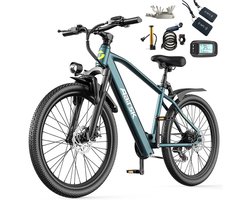 Aairsk 26" Elektrische Mountainbike&Stadsfiets Blauw, 250W Piekmotor, 25 km/u Maximum Snelheid, 7/21 Versnellingen & Dubbele Vering, Shimano 7 Versnellingen, NFC Startfunctie, Het maximale bereik is 80 km.