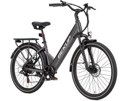 Elektrische lage instap fiets 26 inch - Comfortabele stadsfiets - 36V 14,5Ah accu - 250W achterwielmotor - Actieradius tot 75 km - Shimano 7 versnellingen - Verende voorvork - Geveerde zadelpen - Titaangrijs