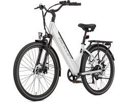 Elektrische stadsfiets - 26 inch lage instap - 522Wh lange actieradius accu - 250W achterwielmotor - 45Nm koppel - Shimano 7 versnellingen - Schijfremmen voor en achter - LCD-display - Geveerde zadelpen - Zilverwit