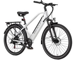 Elektrische stadsfiets - 26 inch frame met hoge instap - 36V 14,5Ah accu met lange actieradius - 250W achterwielmotor - 45Nm koppel - Shimano 7 versnellingen - Voor- en achter schijfremmen - LCD-display - Zilverwit