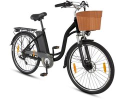 DYU Elektrische Fiets C6 - 450Wh/12.5Ah Accu - 75 km Bereik - 250W Motor - Instap Frame - 26 Inch Wielen - Shimano 6 Versnellingen - Met fietsmandje - Stadsfiets voor Dames en Heren - Zwart