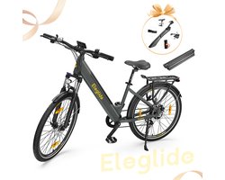 Eleglide T1 Step-Thru – Elektrische trekkingfiets met27,5"CST-banden, 36V13Ahaccu(incl. extra),250W borstelloze motor,25km/h, Shimano7 versnellingen,max 100km bereik,IPX4 waterdicht,120kg belasting en dubbele schijfremmen.Kleur:Grijs--gratis spatbord