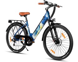HILAND Starry elektrische stadsfiets - 26 inch - 250W motor - 50 km actieradius - 36V 7.8Ah accu - Shimano 7-versnellingen - Unisex - Blauw