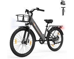 Runetic 26” Elektrische Fiets - Motor 250W - Actieradius 80km - 36V 13AH Verwijderbare Batterij - 25KM/H - Grijs