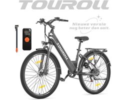 【Touroll J1 ST Value Gift Set, bestaande uit: Afneembare voormand + Fietsbekerhouder + Premium elektronische luchtpomp】 27,5 inch Trekking Bike met 250W Motor, 36V 15.6Ah Batterij, Max 100km Bereik, 1.8" LCD Display Shimano 7-Speed Schijfrem - Zwart