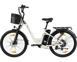 TTGO Elektrische Fiets C2 Pro - 26" stadsfiets - Tot 120 km Actieradius - 36V 18Ah Accu - Shimano 7 Versnellingen - LCD Display - Voorvorkvering - Inclusief Bagagedrager en Mand - wit