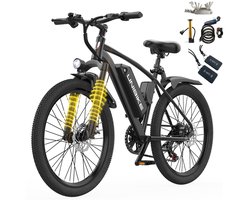 UNIBIKE Elektrische Stadsfiets voor Volwassenen - 250W Motor, 36V 10Ah Accu, 26" All-Terrain Banden, Shimano 7 Versnellingen, LCD Display, Voorvorksuspensie, NFC Startfunctie, Het maximale bereik is 80 km.