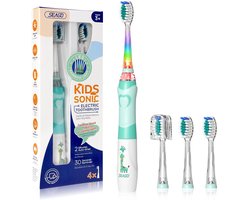 Elektrische tandenborstel voor kinderen - Timer van 2 minuten - Regenboogkleurig LED-lampje om de aandacht van kinderen te trekken - 4 vervangbare opzetborstels - Werkt op batterijen - Geschikt voor kinderen van 4-12 jaar - Groen