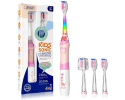 Elektrische tandenborstel voor kinderen - Timer van 2 minuten - Regenboogkleurig LED-lampje om de aandacht van kinderen te trekken - 4 vervangbare opzetborstels - Werkt op batterijen - Geschikt voor kinderen van 4-12 jaar - Roze