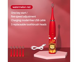 Elektrische tandenborstel voor kinderen, USB-oplaadbaar, zachte borstelharen, 6 koppen - Rood