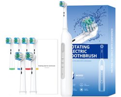 Gloovon® Elektrische Tandenborstel Roterend - Incl. 6 Opzetborstels - 3 Standen & Timer - 30 Dagen Accu - USB-C Oplaadbaar - Wit