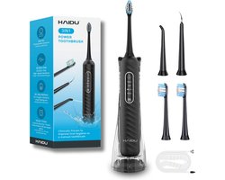 HAIDU 3 in 1 Elektrische Tandenborstel – 3 Verschillende Opzetstukken – 2 Opzetborstels – 180ml Waterreservoir – Monddouche – Zwart – Standaard Plus Bundel
