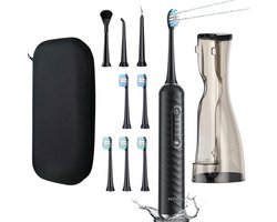 HAIDU 3 in 1 Elektrische Tandenborstel met Waterflosser – 4 Verschillende Opzetstukken – 5 Opzetborstels – 180ml Waterreservoir – Reisetui – Zwart – Premium Plus Bundel