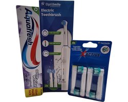 Optismile Elektrische Tandenborstel met Timer - Incl. 2 Opzetstukken - plus 4 extra opzetstukken - 1x Aquafresh tandpasta - Geschikt voor Oral-B Opzetborstels - Ideaal voor op Reis - Wit - Starterspakket