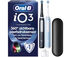 Oral-B iO 3 Elektrische Tandenborstel - Dubbelpak - Zwart en Blauw - 2 Opzetborstels - Reisetui