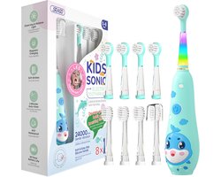 SEAGO elektrische tandenborstel kind met LED-verlichting Magnetische Oplaadfunctie - Blauw - 8 Vervangbare Borstels - 2-Minuten Timer - Geschikt voor Peuters 0-6 Jaar