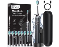 Zenwire MagniSonic 506 - Sonische tandenborstel - 97.000 trillingen/min - 6 standen - IP67 - USB-C - 60 dagen gebruik met magnetische motor - 8 tips - etui - standaard - oplaadkabel - Zwart