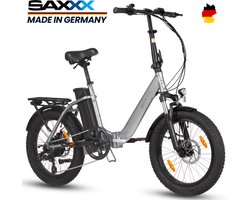 SAXXX Metron - Elektrische Fiets - 95% Vooraf Geassembleerd Vouwfiets - 468Wh uitneembare accu - 100 km Actieradius - Shimano Nexus 7-versnellingssysteem - 20 x 3" CST - Mechanische schijfrem - zilvergrijs