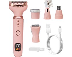 5-in-1 Elektrisch Epilator voor Vrouwen - Oplaadbare Bikinischaaf met Digitale Batterij-indicator - Verwisselbare Opzetstukken voor Gezicht, Lichaam en Intieme Zones - USB-C - Roze