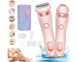 Damesscheerapparaat - Bikinitrimmer - 2 in 1 Elektrisch scheerapparaat voor dames - Waterdicht voor nat en droog - Pijnloze epilator voor gevoelige huid - Voor gezicht, oksels, intieme delen, benen - Roze
