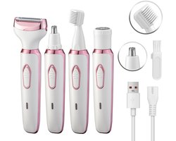 Dit 4-in-1 elektrische scheerapparaat is geschikt voor het verwijderen van schaamhaar bij vrouwen, pijnloos scheren van het lichaam, gezichtsepilator en schaamhaartrimmer voor vrouwen
