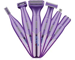 Dit 6-in-1 elektrische scheerapparaat is geschikt voor het verwijderen van schaamhaar bij vrouwen, pijnloos scheren van het lichaam, gezichtsepilator en schaamhaartrimmer voor vrouwen (paars).