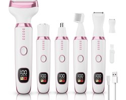 Elektrisch scheerapparaat voor dames 5-in-1, draadloos met verwisselbare gezichts-, wenkbrauw- en neushaartrimmers, nat- en droogtrimmer, verwijdering van schaamhaar, cadeau voor vrouwen 3028A Wit