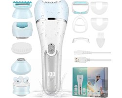 Elektrische epilator voor dames, 6-in-1, gezicht voor dames, draadloos, oplaadbaar led-display, nat en droog met exfoliërende borstel, reinigingsborstel, massagekop (blauw)