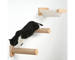 Kattenklimwand Set met 2 Trappen en Hangmat voor Grote Katten - Inclusief 2 Sisal Krabpalen en Houten Bed