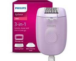 Philips Epilator Series 4000 – Paars – Epileren, scheren en exfoliëren met snoer voor lichaam en gevoelige gebieden met 4 accessoires en ledlamp – BRE257/00
