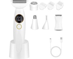Scheerapparaat voor dames, 5-in-1 intiem scheerapparaat voor vrouwen, gezichtsontharing voor vrouwen, elektrisch scheerapparaat voor vrouwen met USB-oplaadstation, IPX7 waterdicht voor lichaam, oksels, bikinilijn, wenkbrauwen en neus