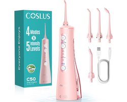 COSLUS Draadloze Waterflosser – Elektrische Monddouche voor Tanden – 4 Modi & 5 Intensiteitsniveaus – Geschikt voor Beugels & Gevoelig Tandvlees – BPA-vrij – Roze