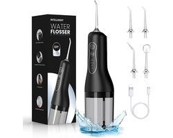 Draagbare waterflosser met 4 standen en opzetstukken, lekvrije tank van 260 ml, IPX7 waterdicht, 30 dagen batterijduur - Ideaal voor het hele gezin, op reis en voor gevoelig tandvlees, zwart
