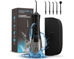 LunaGood® Waterflosser - Water Flosser - 30 Dagen Gebruik - Monddouche - Draadloos en Oplaadbaar - 5 Standen - 6 Opzetstukken - 300ML - Flosapparaat - Monddouche - Waterdicht - Zwart - Met Reis Etui