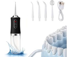 Monddouche - Draadloze elektrische waterflosser - Tandenborstel - Oplaadbaar - Monddouche - Waterflosser - Draagbaar - Tandendouche - 3 standen en 4 sproeiers - Geschikt voor reizen en mondverzorging - 21 x 5,8 cm - Zwart