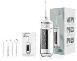 Monddouche met 6 standen, draagbare waterflosser, IPX7 waterdicht, flosdraad, tandenborstel met 4 opzetstukken voor thuis en op reis (Kleur: Wit)