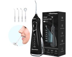 Visioware® Waterflosser – Monddouche – Elektrisch Flosapparaat – 5 Standen – 5 Opzetstukken – Draadloos & Oplaadbaar – Zwart